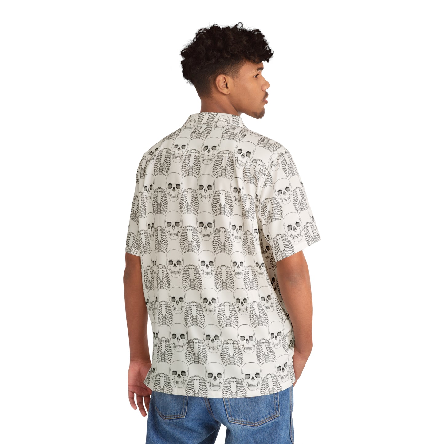 Skizzierter Totenkopf Hawaiihemd – All-Over-Print Strandhemd für Herren