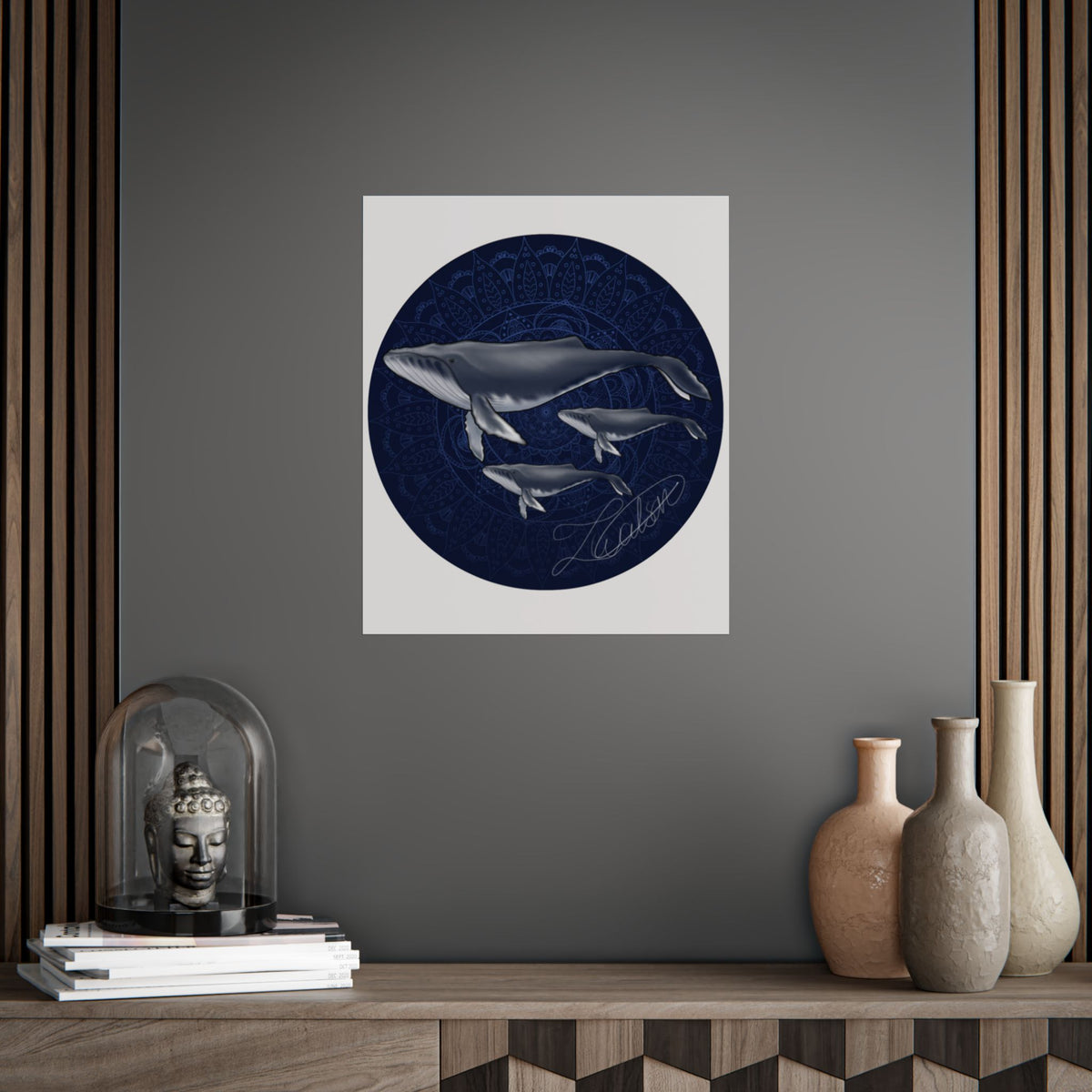 Whale Family Poster — Navy Mandala Ocean Art Print