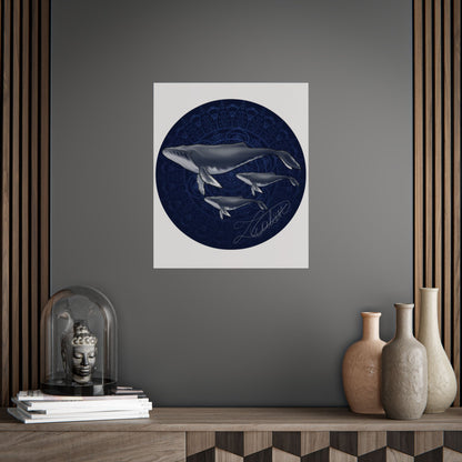 Whale Family Poster — Navy Mandala Ocean Art Print