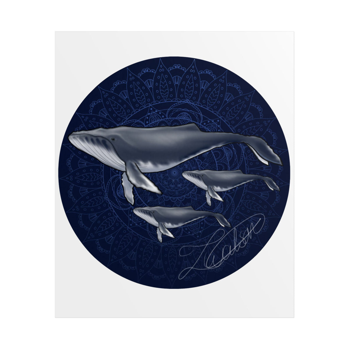 Whale Family Poster — Navy Mandala Ocean Art Print
