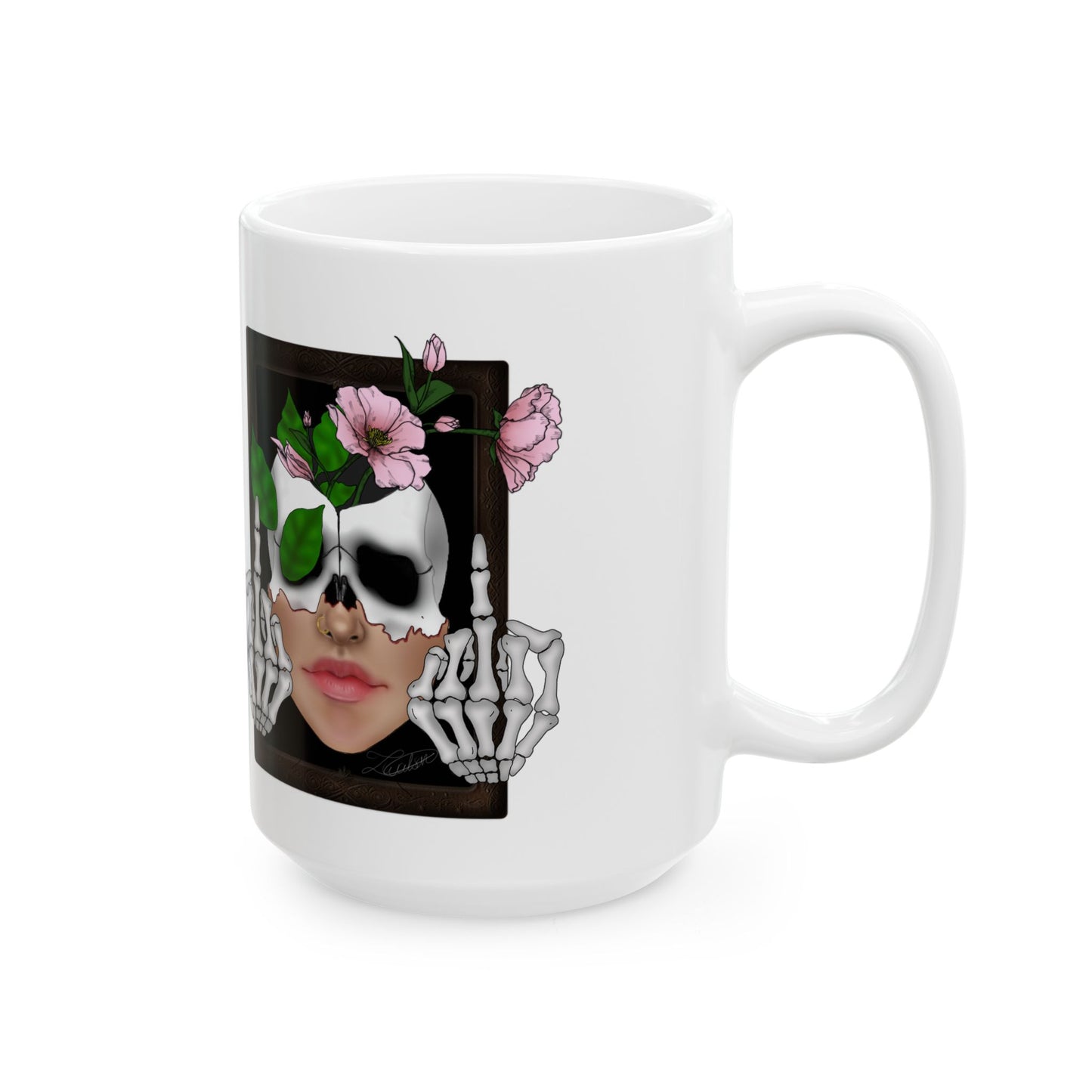 11oz/15oz Ceramic Mug — Floral Skull & Brain Art Coffee Cup (Feminine Goth, 'M' Text)