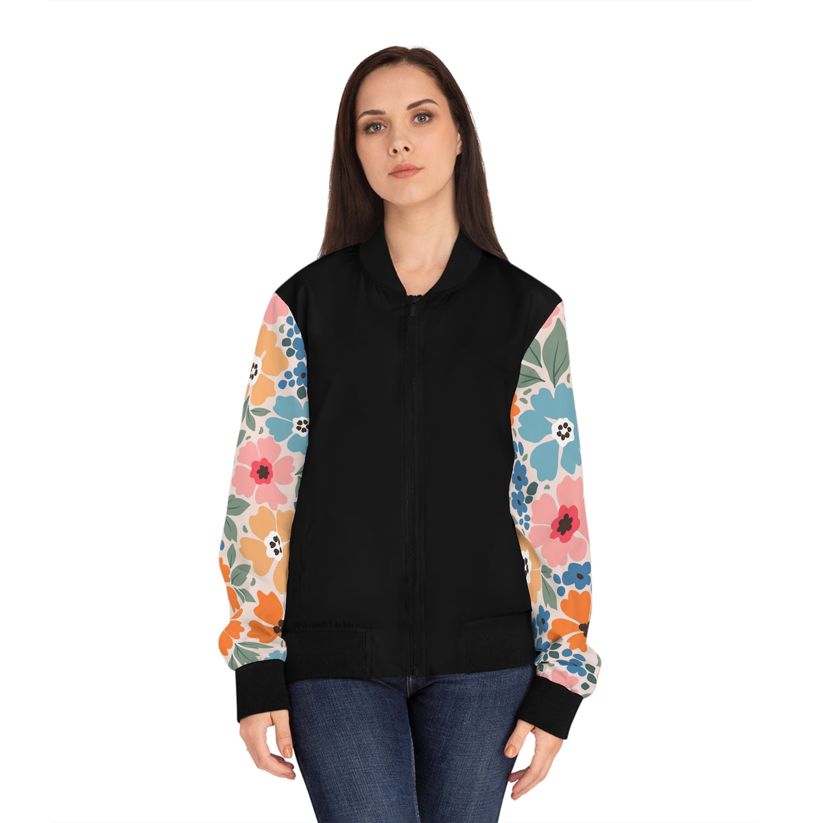 Floral Sleeve Women's Bomber Jacket - Pastel Garden Print