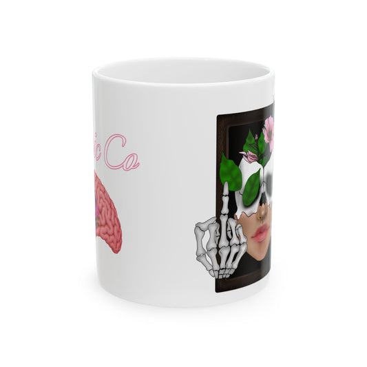 11oz/15oz Ceramic Mug — Floral Skull & Brain Art Coffee Cup (Feminine Goth, 'M' Text)