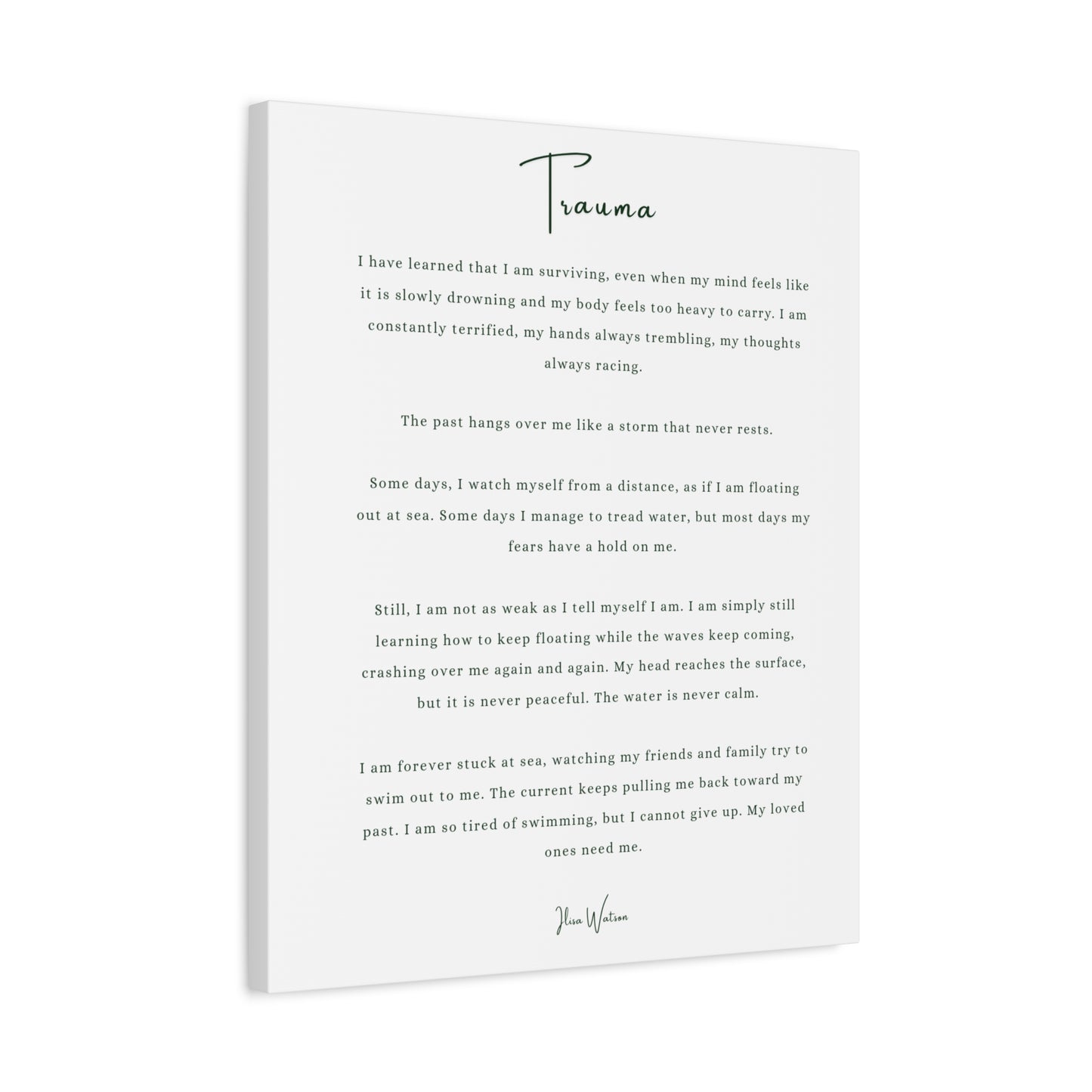 Trauma-Gedicht mattes Leinwandbild – aufgespannt, 3,18 cm Wandkunst