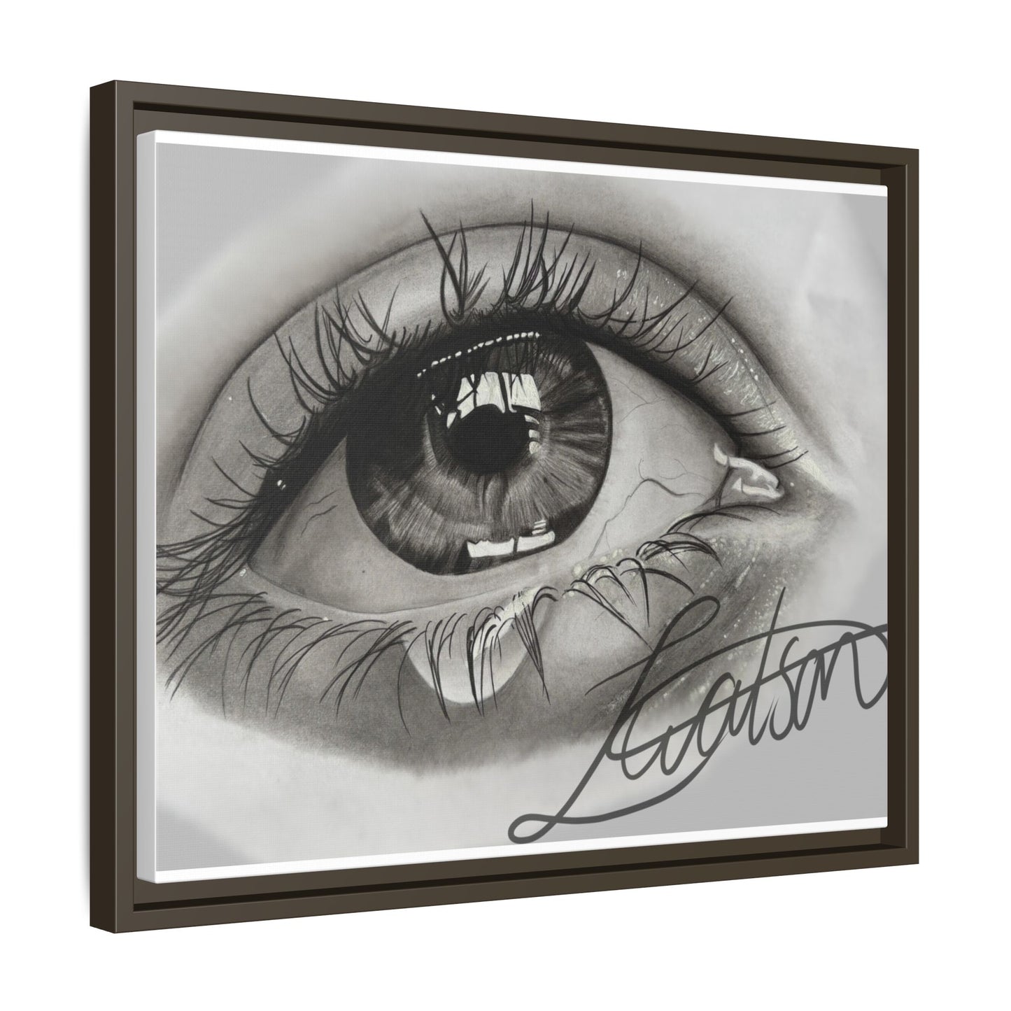 Gerahmte Leinwandkunst – Realistisches Auge mit tränenförmiger Signatur