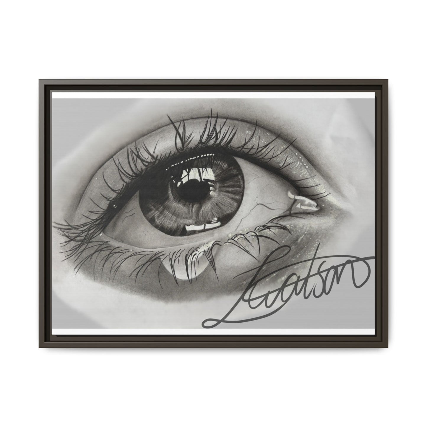 Gerahmte Leinwandkunst – Realistisches Auge mit tränenförmiger Signatur