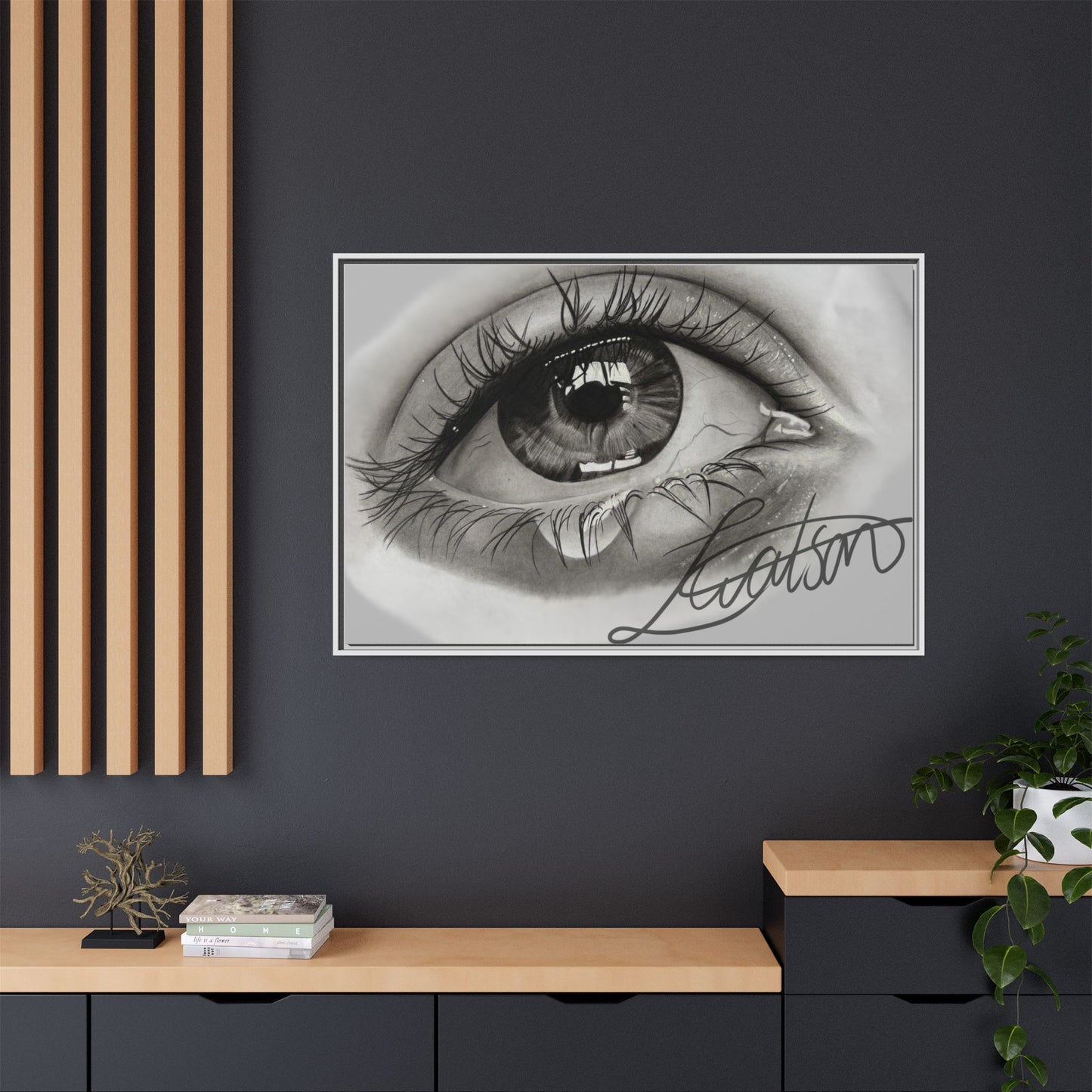Gerahmte Leinwandkunst – Realistisches Auge mit tränenförmiger Signatur