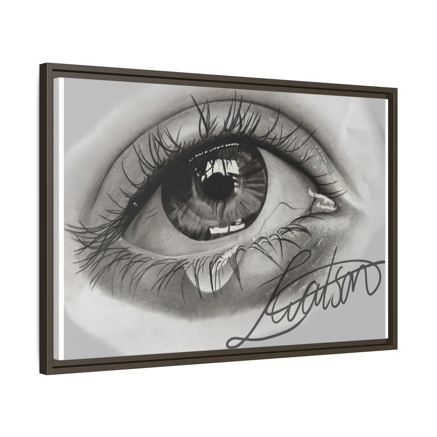Gerahmte Leinwandkunst – Realistisches Auge mit tränenförmiger Signatur