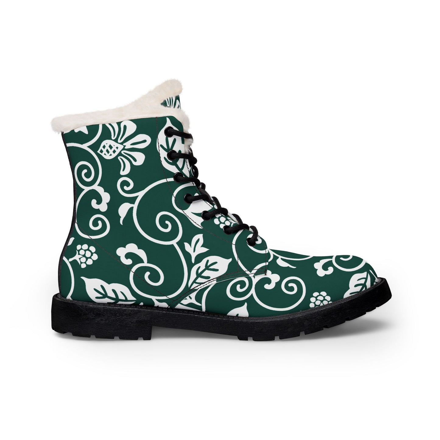 Gefütterte Damen-Lederstiefel — Grüne Winter-Stiefeletten mit Blumenmuster