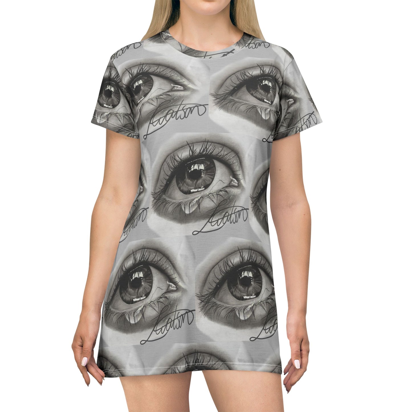 All-Over Print Eye Pattern T-Shirt Dress — Monochrome Surreal Gaze