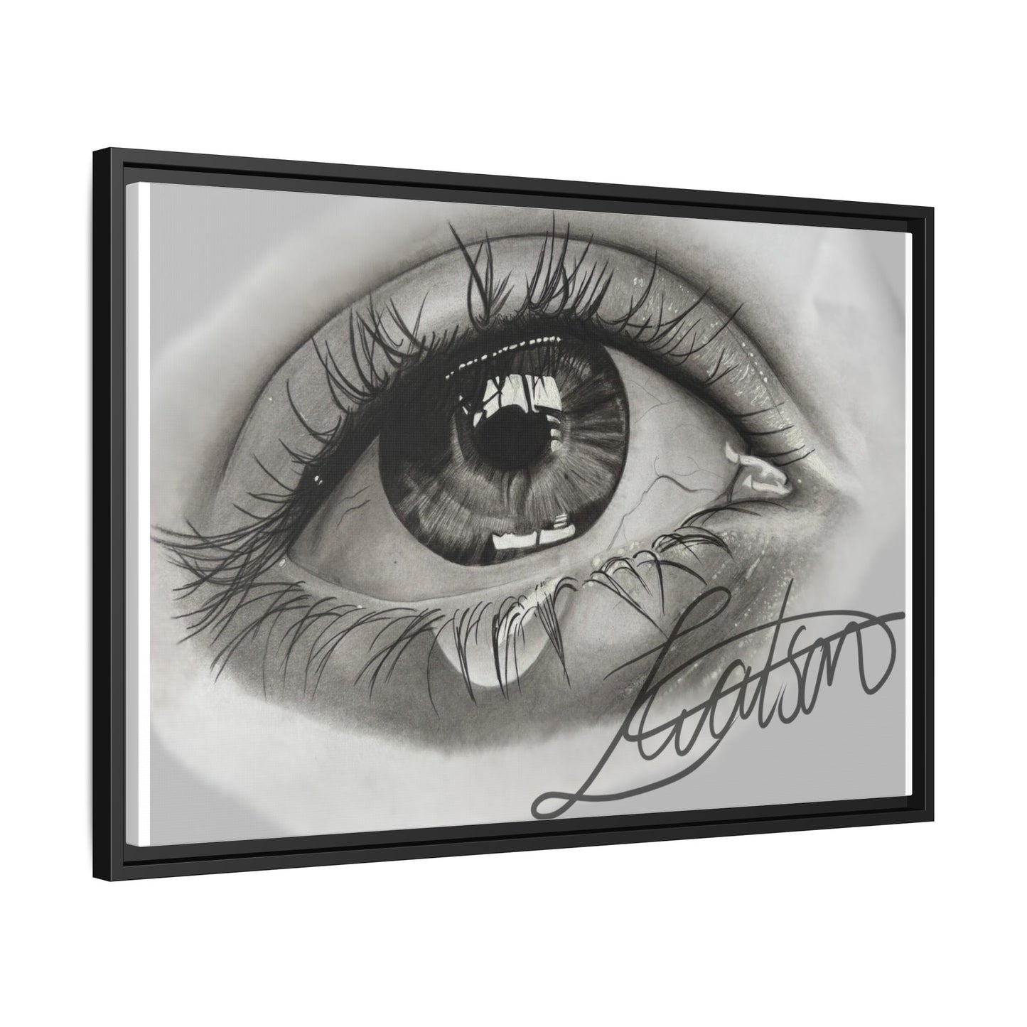 Gerahmte Leinwandkunst – Realistisches Auge mit tränenförmiger Signatur