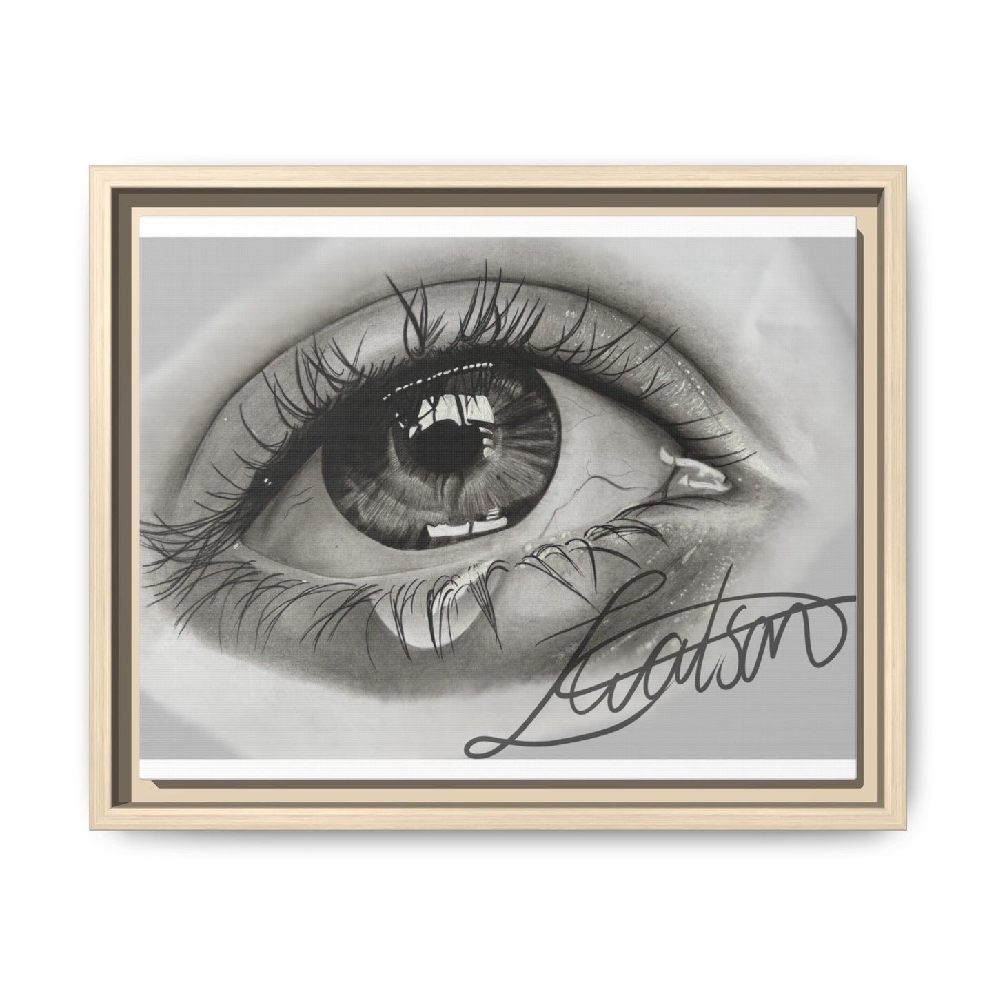 Gerahmte Leinwandkunst – Realistisches Auge mit tränenförmiger Signatur