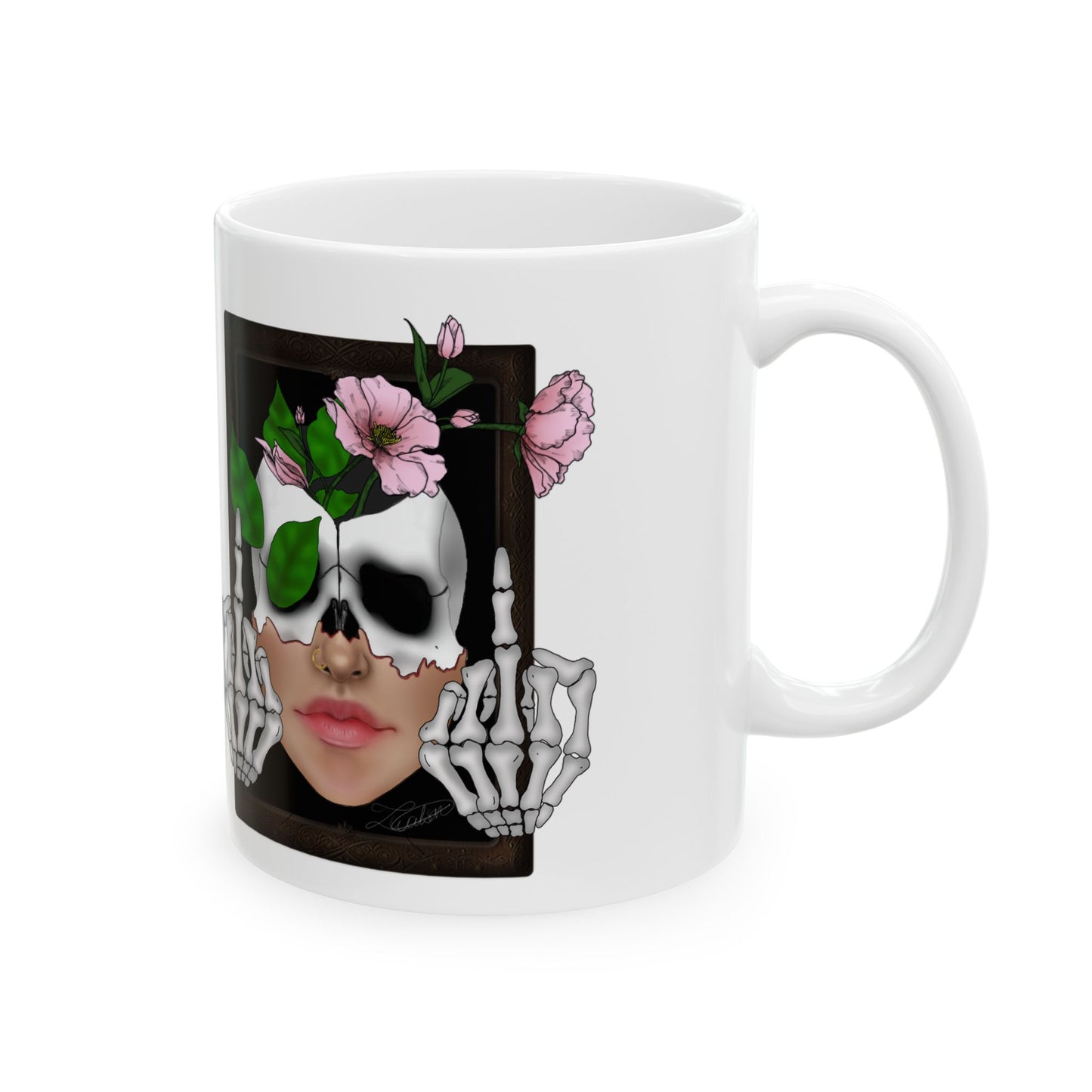 11oz/15oz Ceramic Mug — Floral Skull & Brain Art Coffee Cup (Feminine Goth, 'M' Text)