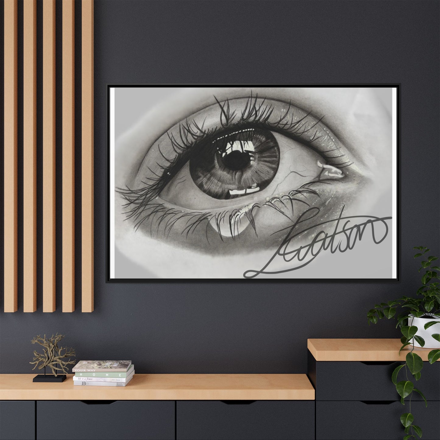 Gerahmte Leinwandkunst – Realistisches Auge mit tränenförmiger Signatur