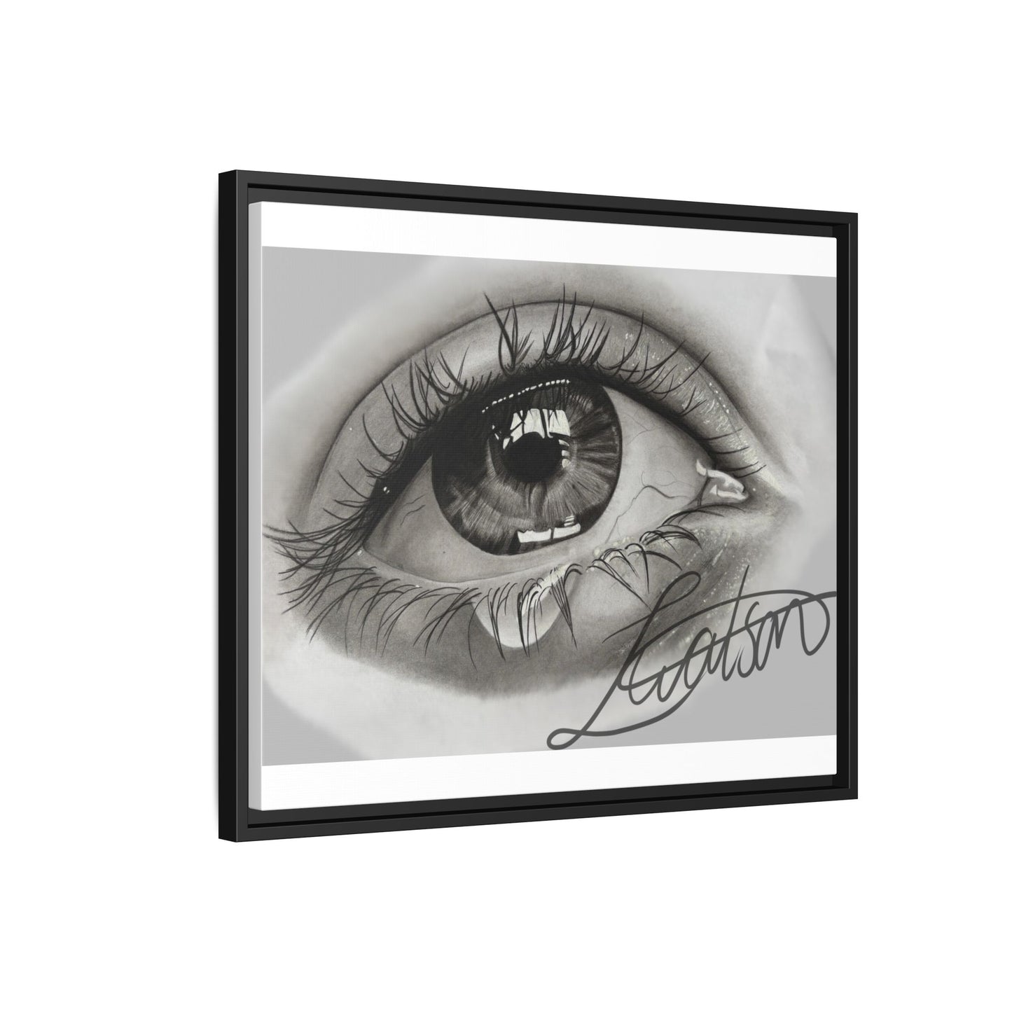 Gerahmte Leinwandkunst – Realistisches Auge mit tränenförmiger Signatur