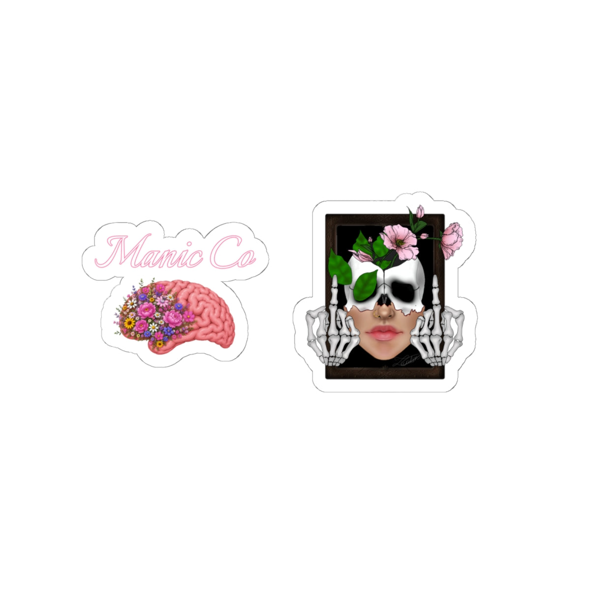 Blumen-Totenkopf- & Gehirn-Kiss-Cut-Aufkleber-Set — Ausgefallene gotische Blumen-Laptop-Aufkleber