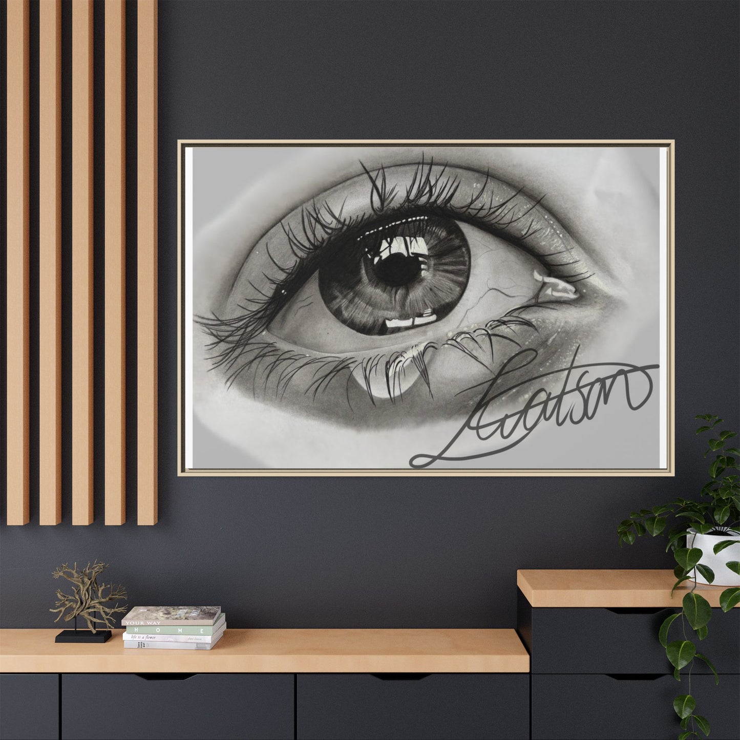 Gerahmte Leinwandkunst – Realistisches Auge mit tränenförmiger Signatur
