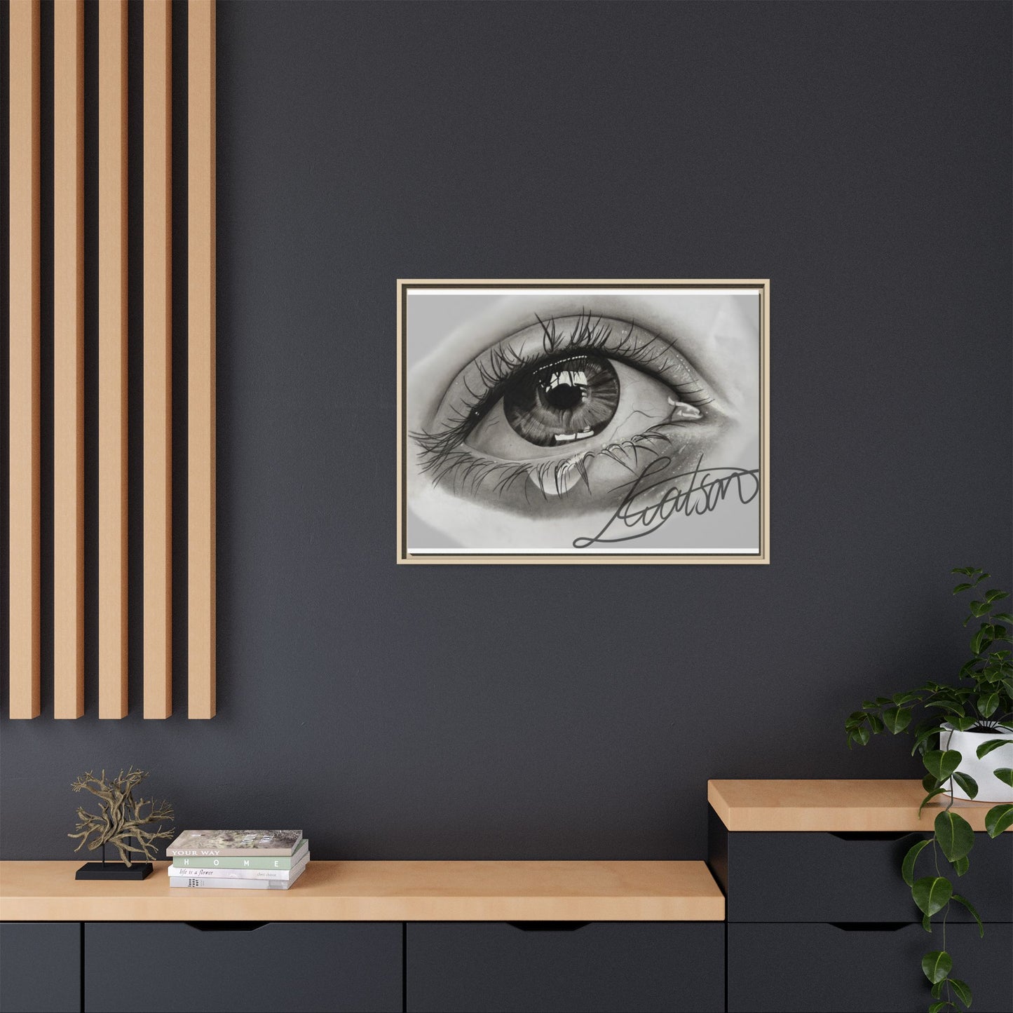 Gerahmte Leinwandkunst – Realistisches Auge mit tränenförmiger Signatur