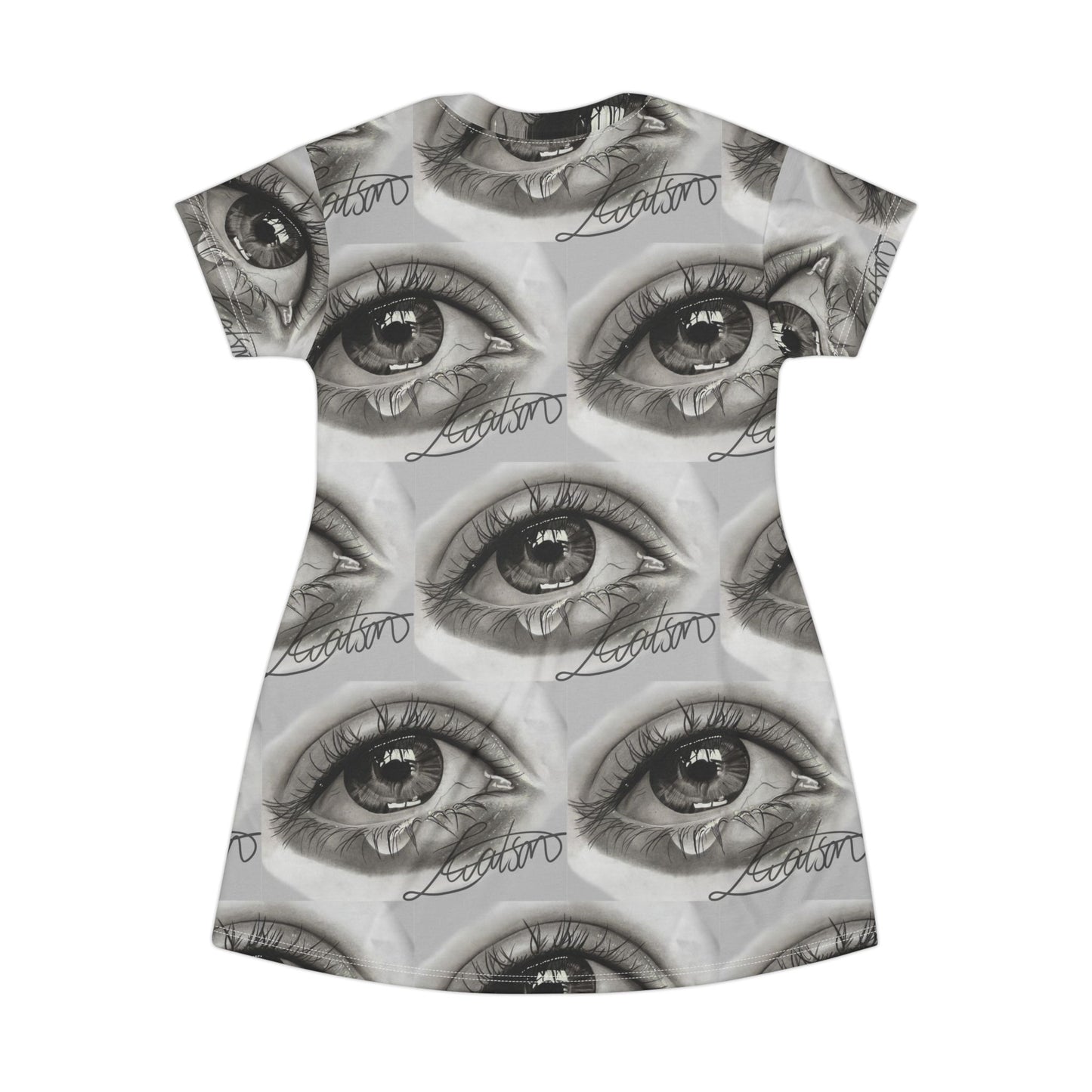 All-Over Print Eye Pattern T-Shirt Dress — Monochrome Surreal Gaze