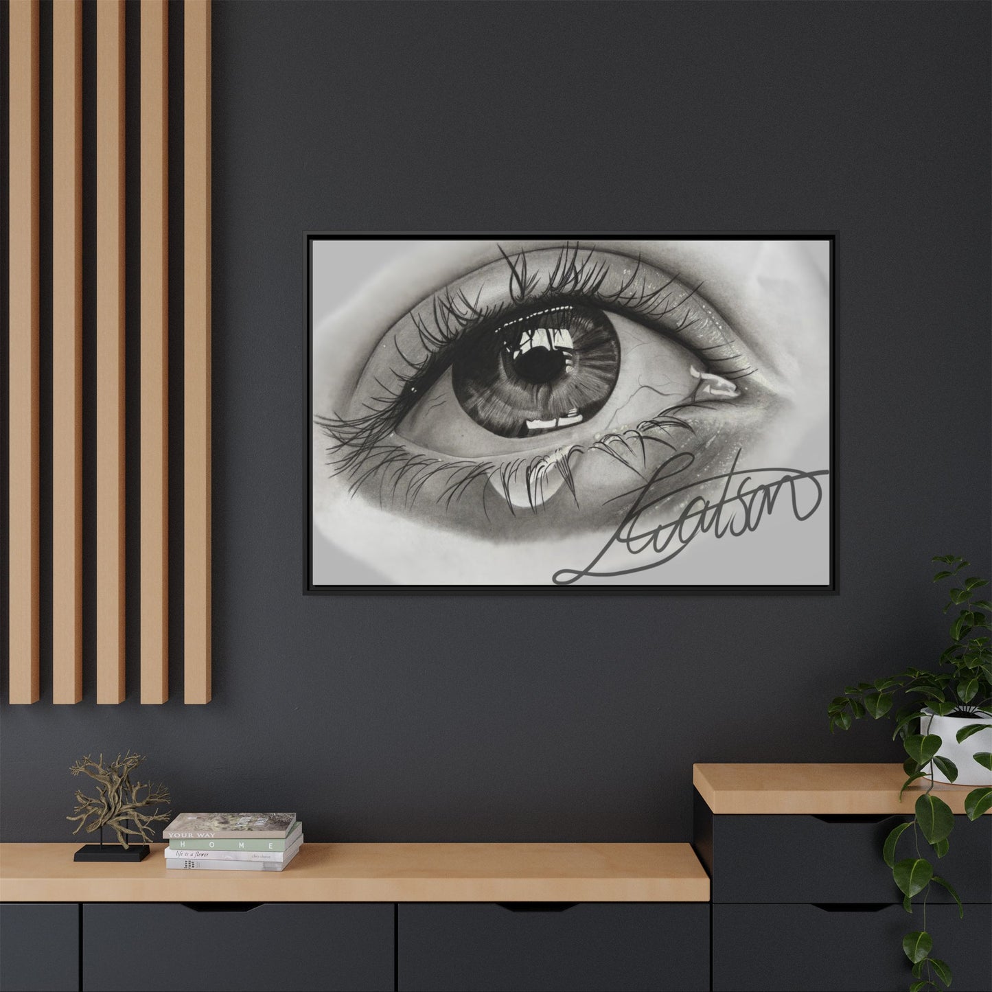 Gerahmte Leinwandkunst – Realistisches Auge mit tränenförmiger Signatur