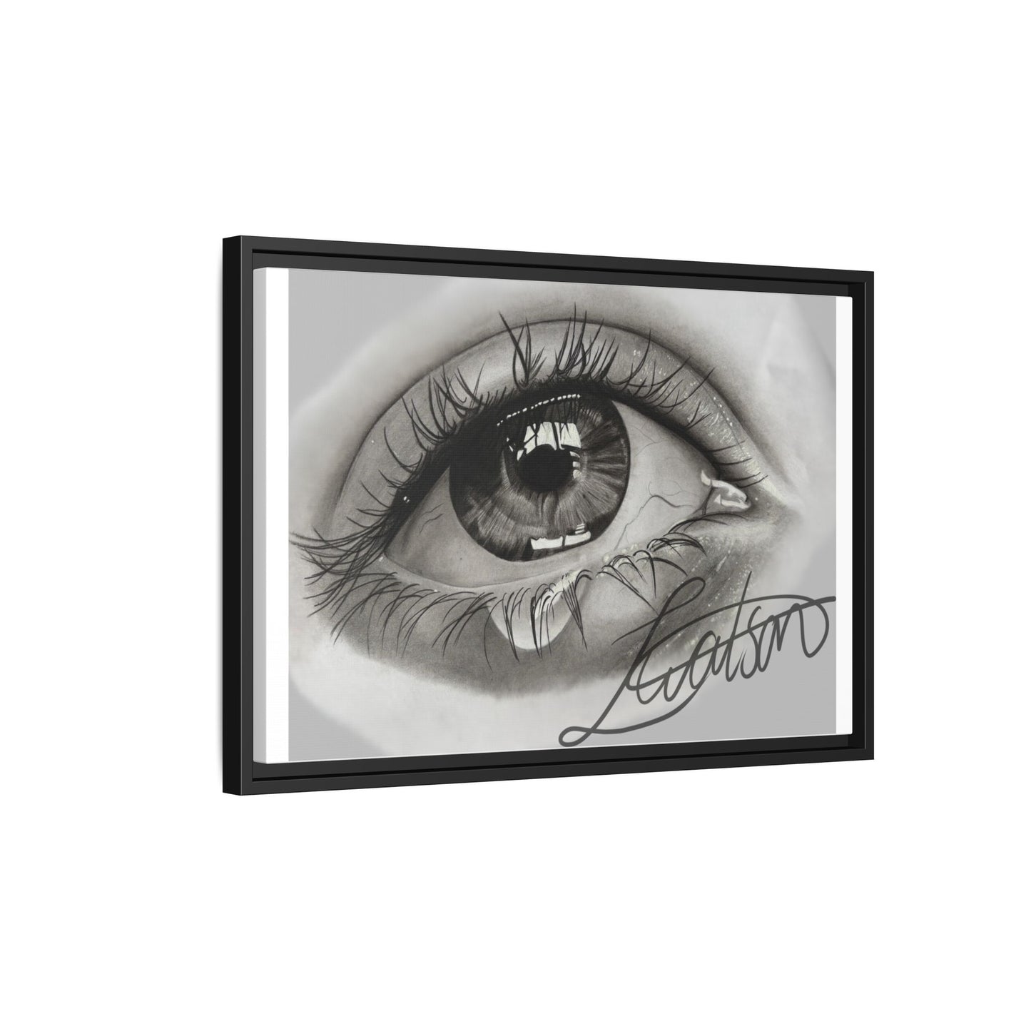 Gerahmte Leinwandkunst – Realistisches Auge mit tränenförmiger Signatur