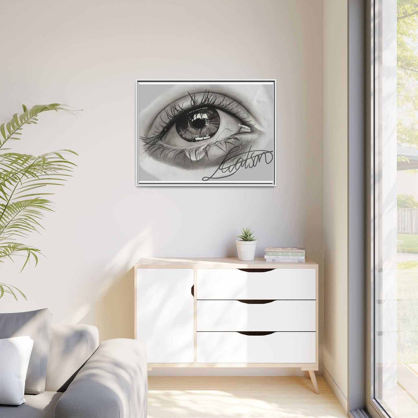 Gerahmte Leinwandkunst – Realistisches Auge mit tränenförmiger Signatur