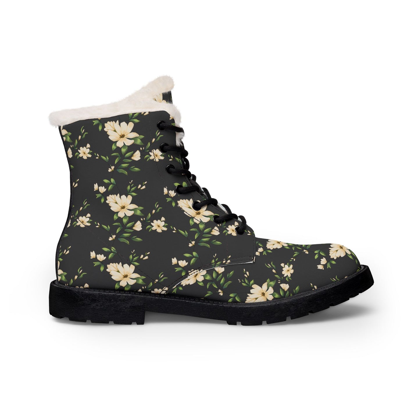 Floral Fur-Lined Leather Boots — Women's Winter Ankle Boots