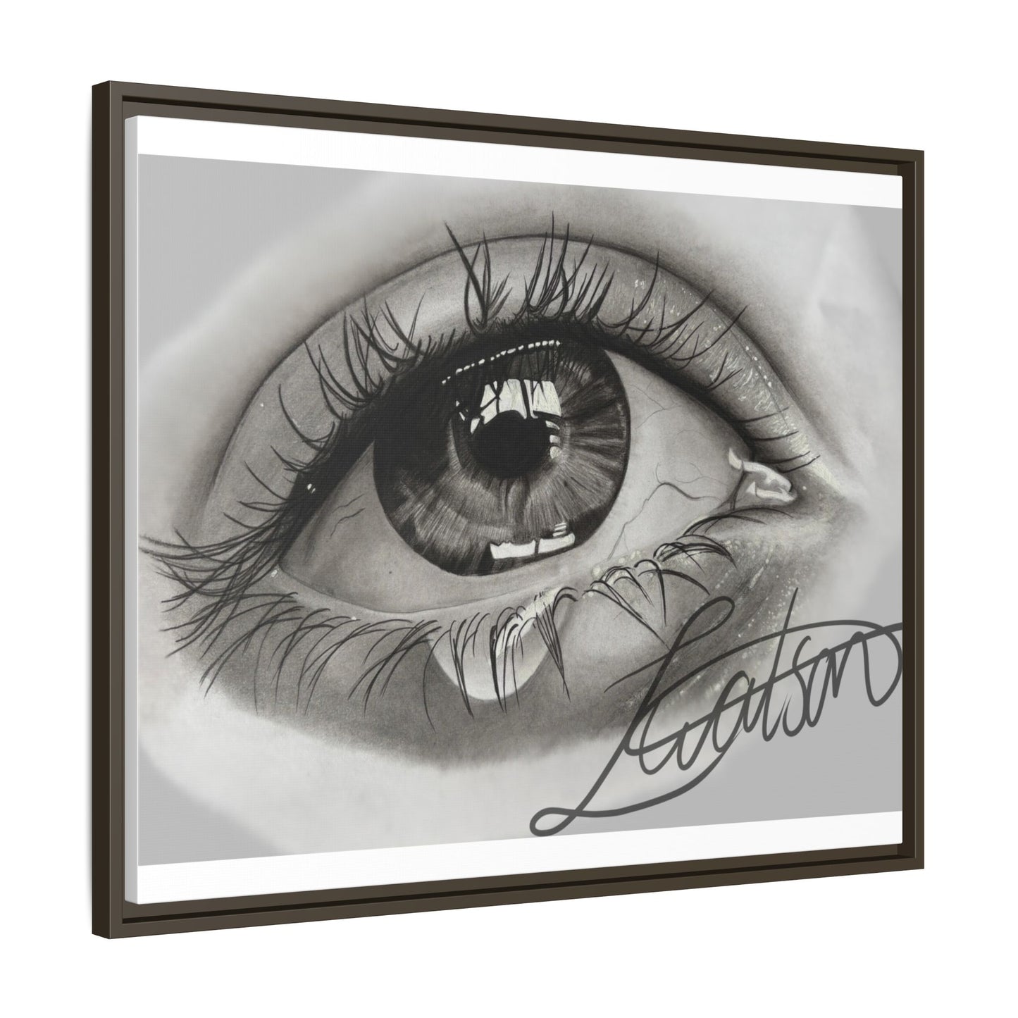 Gerahmte Leinwandkunst – Realistisches Auge mit tränenförmiger Signatur