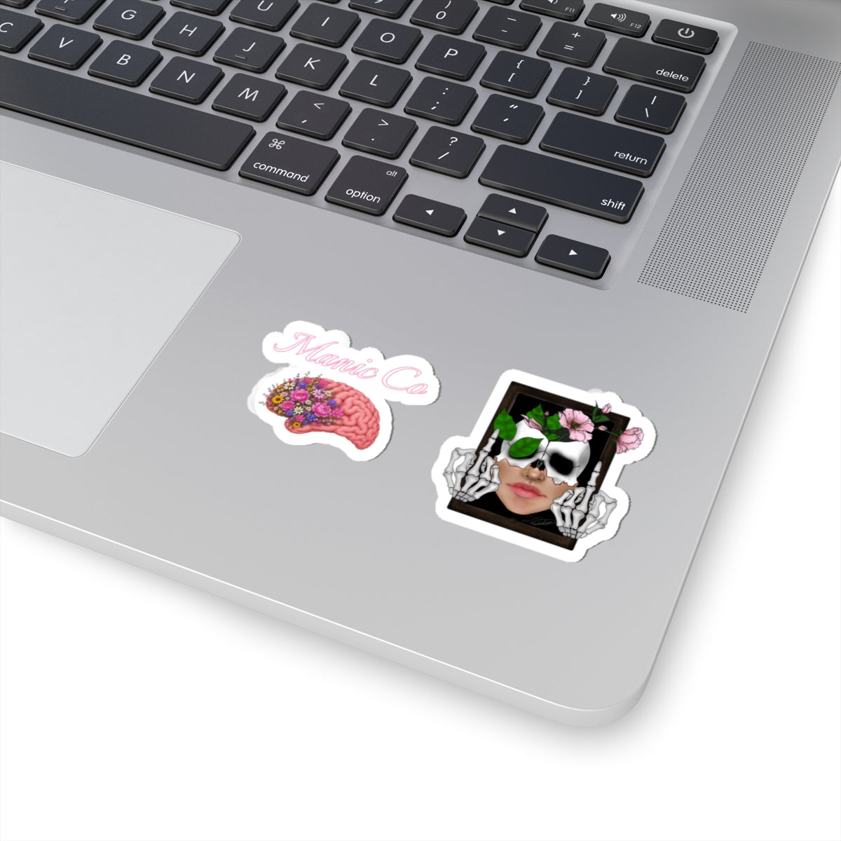 Blumen-Totenkopf- & Gehirn-Kiss-Cut-Aufkleber-Set — Ausgefallene gotische Blumen-Laptop-Aufkleber