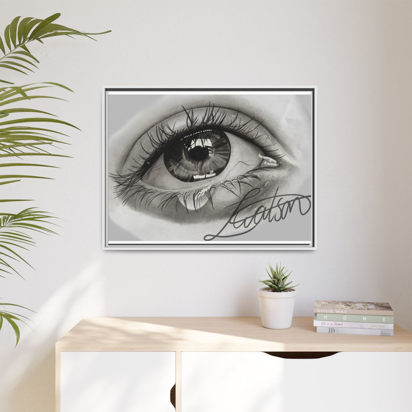Gerahmte Leinwandkunst – Realistisches Auge mit tränenförmiger Signatur