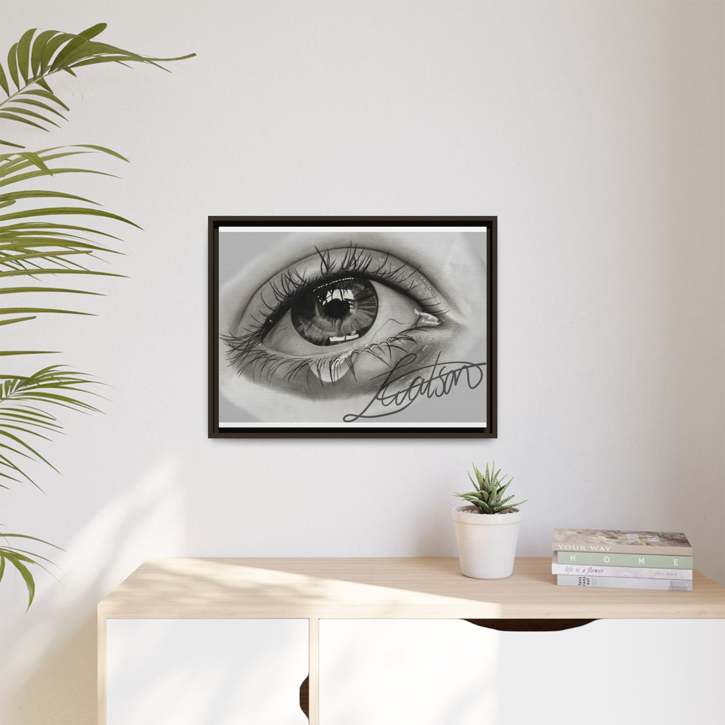 Gerahmte Leinwandkunst – Realistisches Auge mit tränenförmiger Signatur