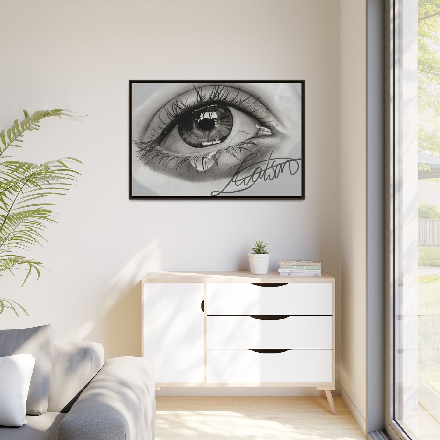 Gerahmte Leinwandkunst – Realistisches Auge mit tränenförmiger Signatur