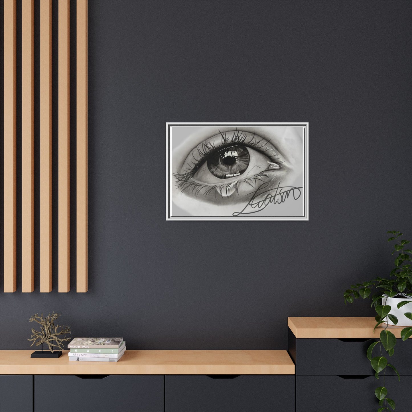 Gerahmte Leinwandkunst – Realistisches Auge mit tränenförmiger Signatur