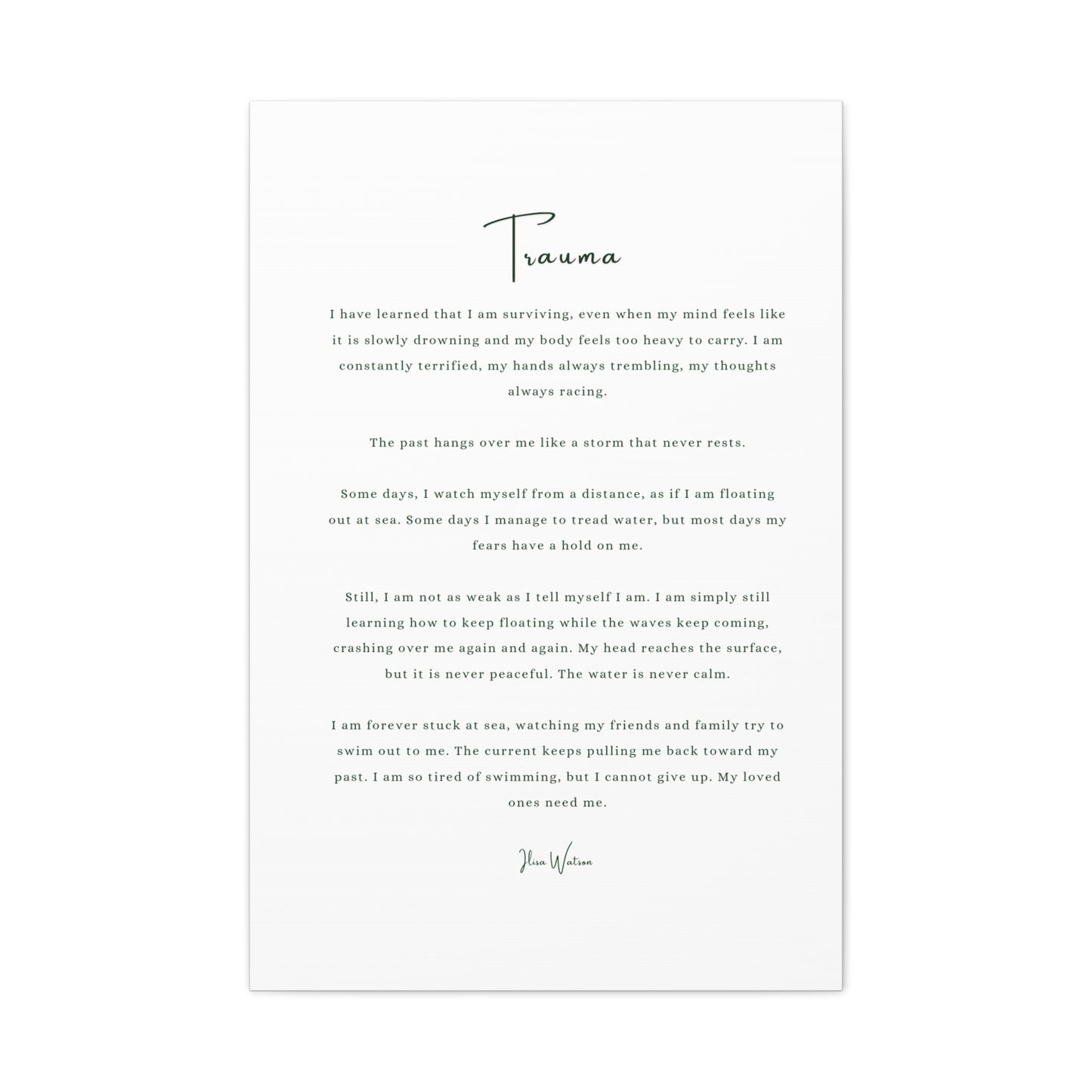 Trauma-Gedicht mattes Leinwandbild – aufgespannt, 3,18 cm Wandkunst