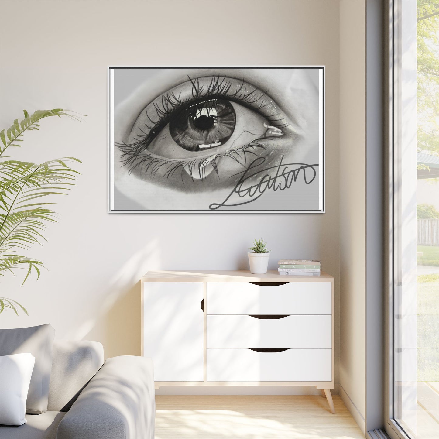 Gerahmte Leinwandkunst – Realistisches Auge mit tränenförmiger Signatur