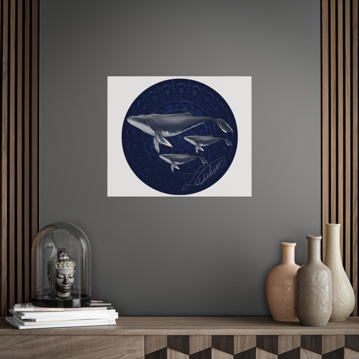 Whale Family Poster — Navy Mandala Ocean Art Print