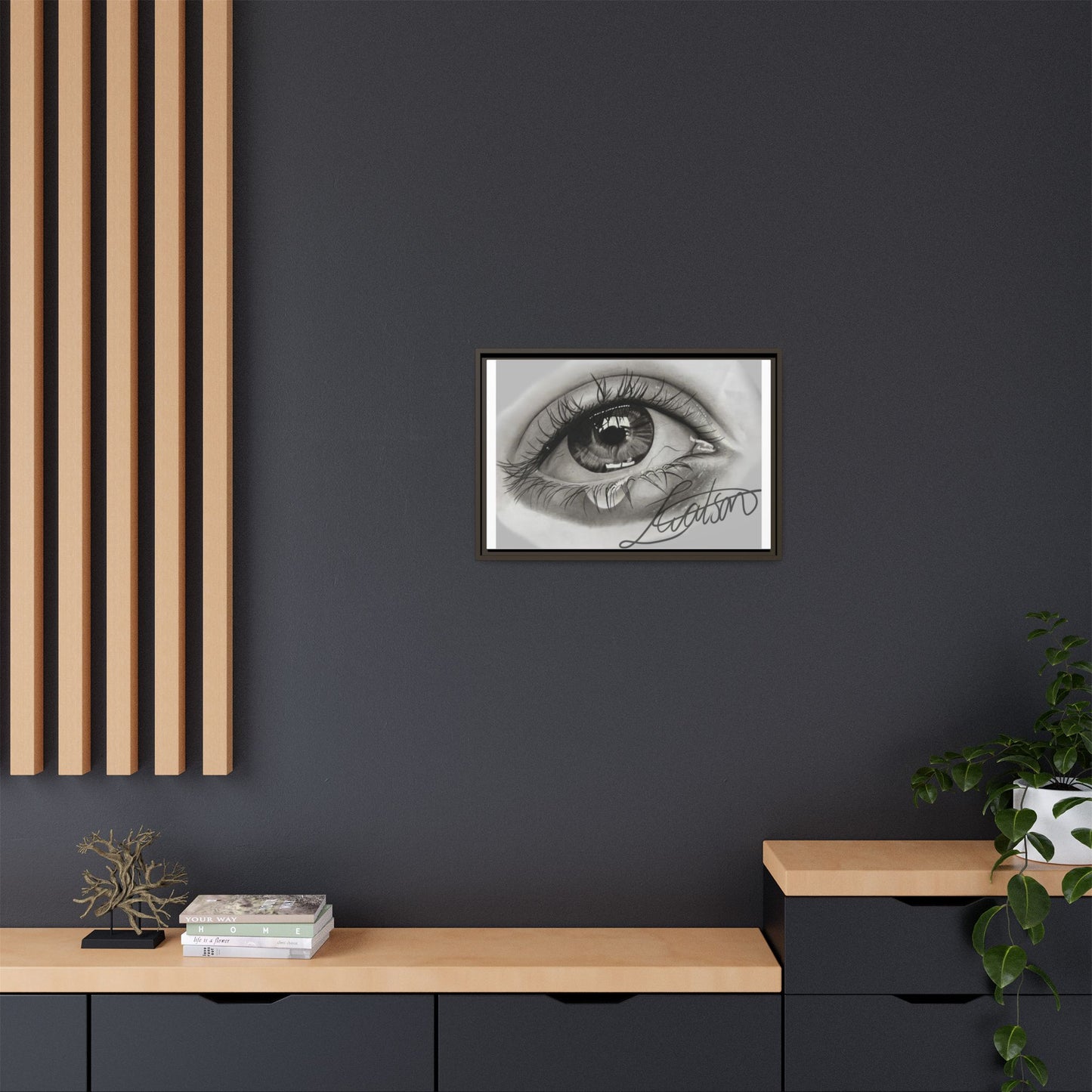 Gerahmte Leinwandkunst – Realistisches Auge mit tränenförmiger Signatur