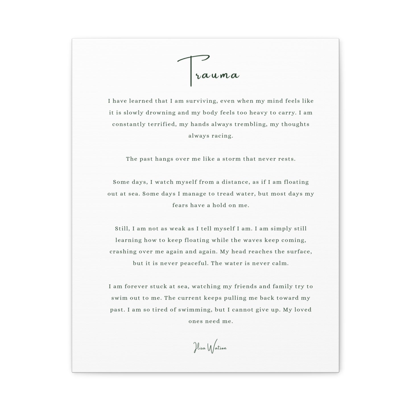 Trauma-Gedicht mattes Leinwandbild – aufgespannt, 3,18 cm Wandkunst