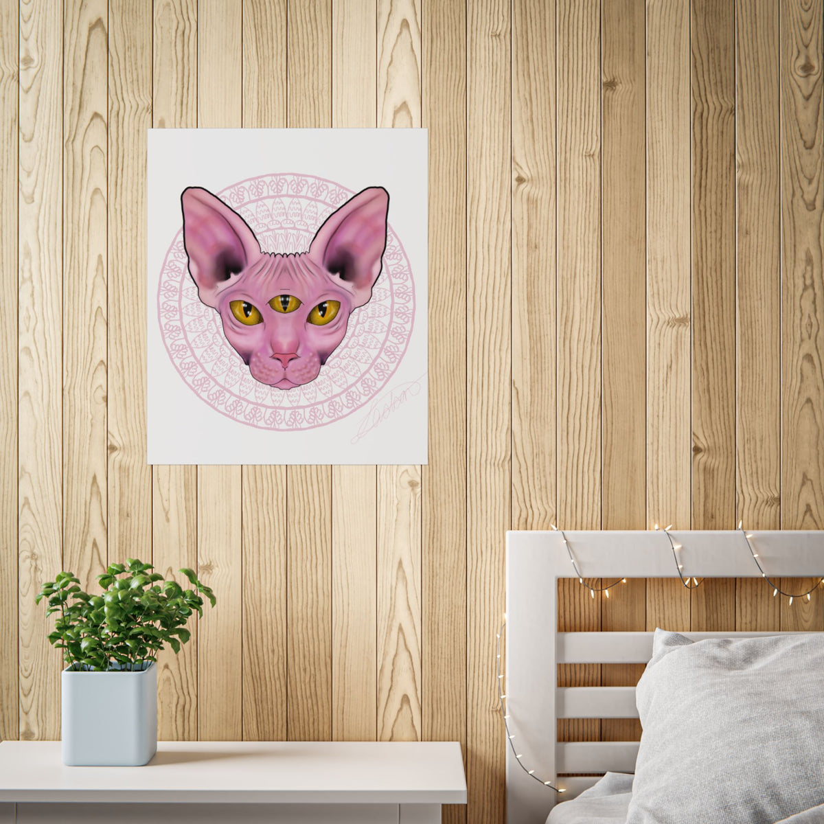 Pink Sphynx Cat Unframed Poster, Mystical Feline Wall Art