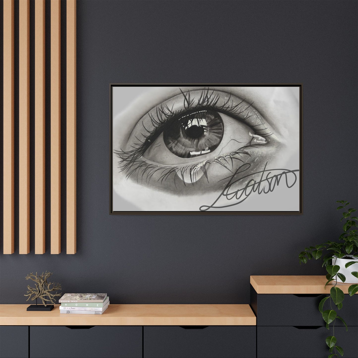 Gerahmte Leinwandkunst – Realistisches Auge mit tränenförmiger Signatur