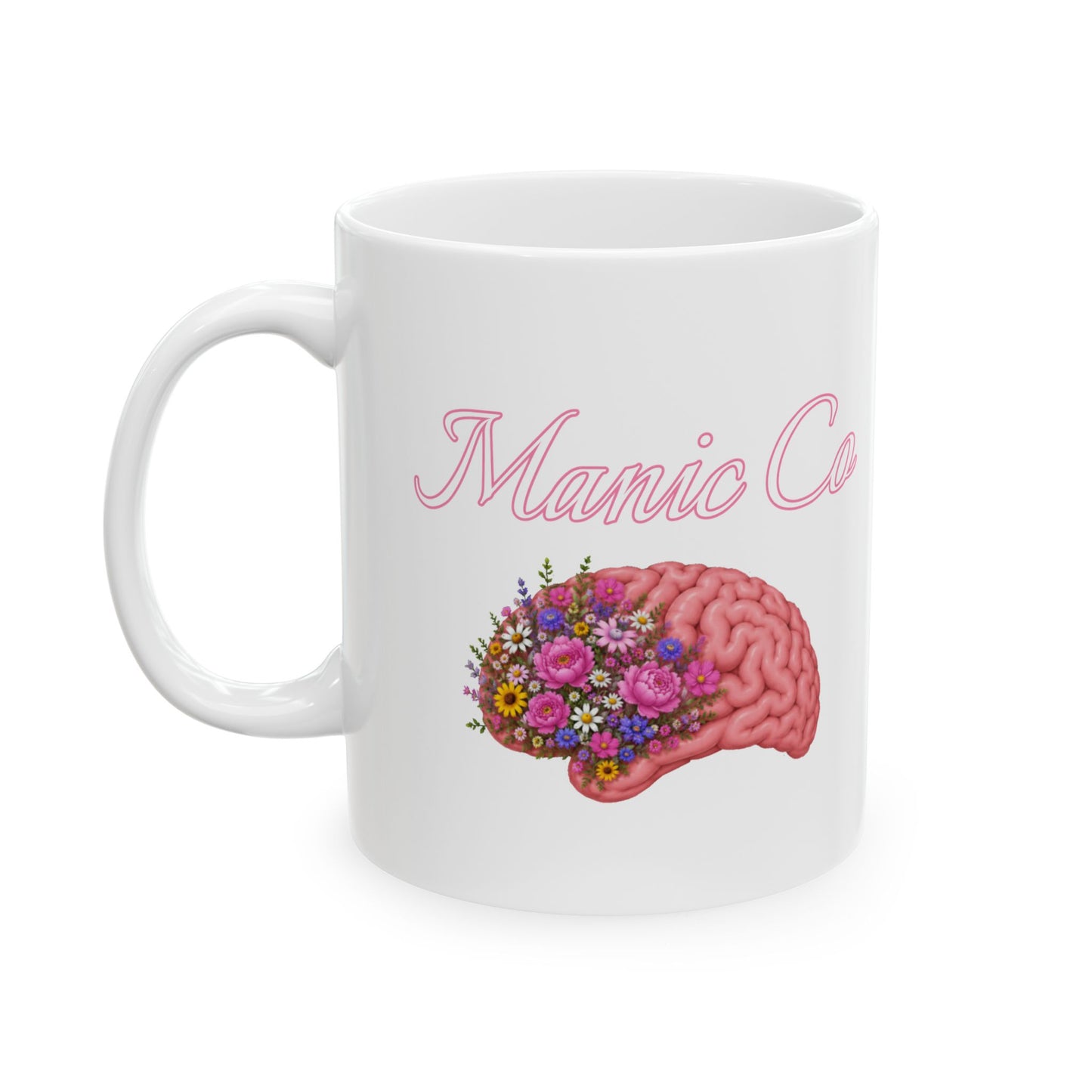 11oz/15oz Ceramic Mug — Floral Skull & Brain Art Coffee Cup (Feminine Goth, 'M' Text)