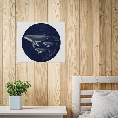 Whale Family Poster — Navy Mandala Ocean Art Print