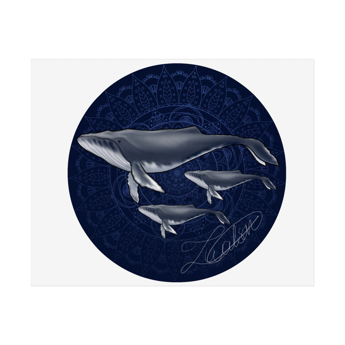 Whale Family Poster — Navy Mandala Ocean Art Print