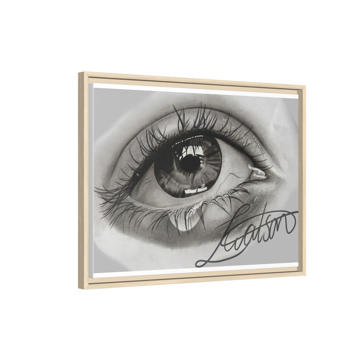 Gerahmte Leinwandkunst – Realistisches Auge mit tränenförmiger Signatur