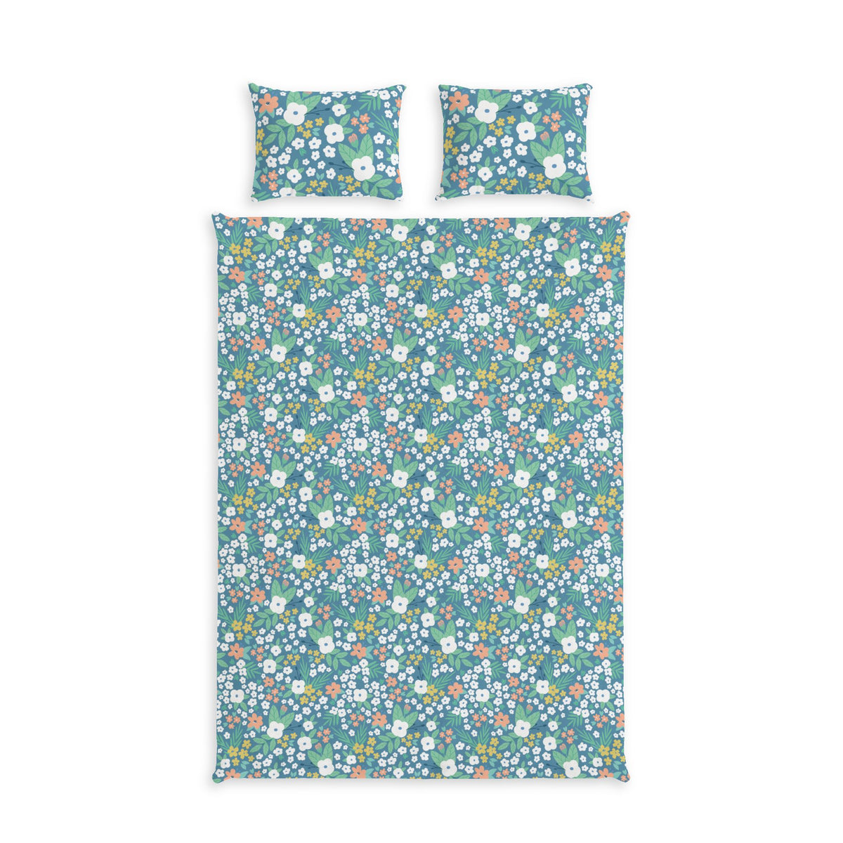 Blue Floral Cotton Duvet Cover & Sham Set