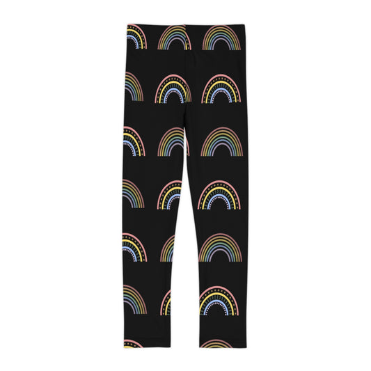 Kinder Regenbogen Leggings — Schwarze Regenbogen gemusterte Allover-Print Leggings für Mädchen & Jungen