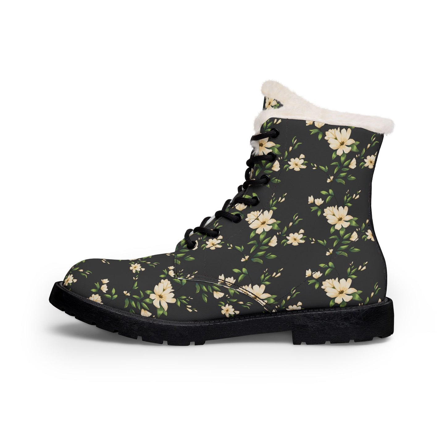 Floral Fur-Lined Leather Boots — Women's Winter Ankle Boots