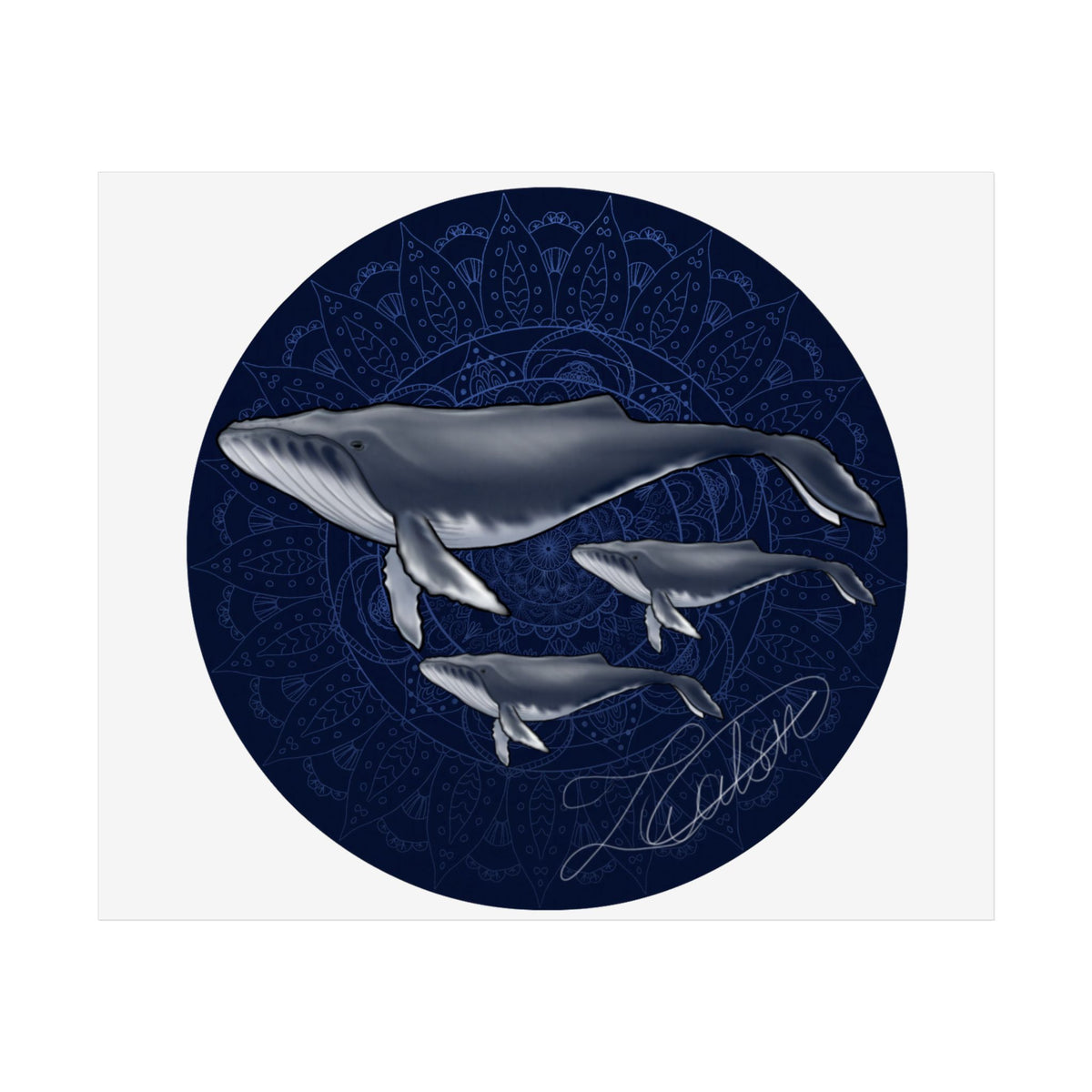 Whale Family Poster — Navy Mandala Ocean Art Print