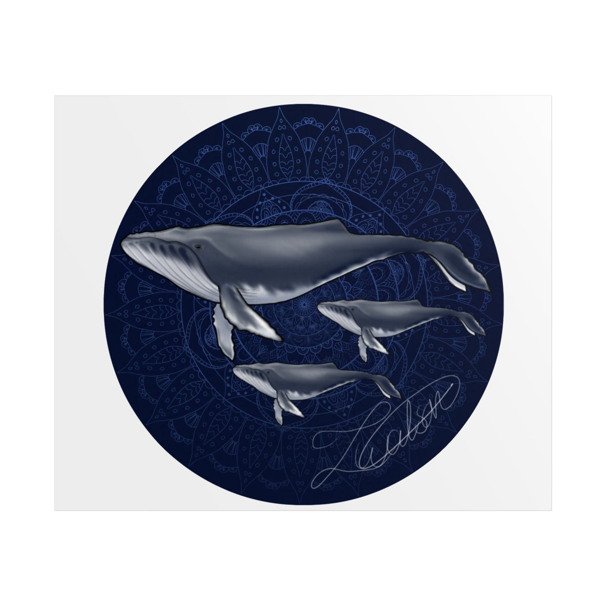 Whale Family Poster — Navy Mandala Ocean Art Print