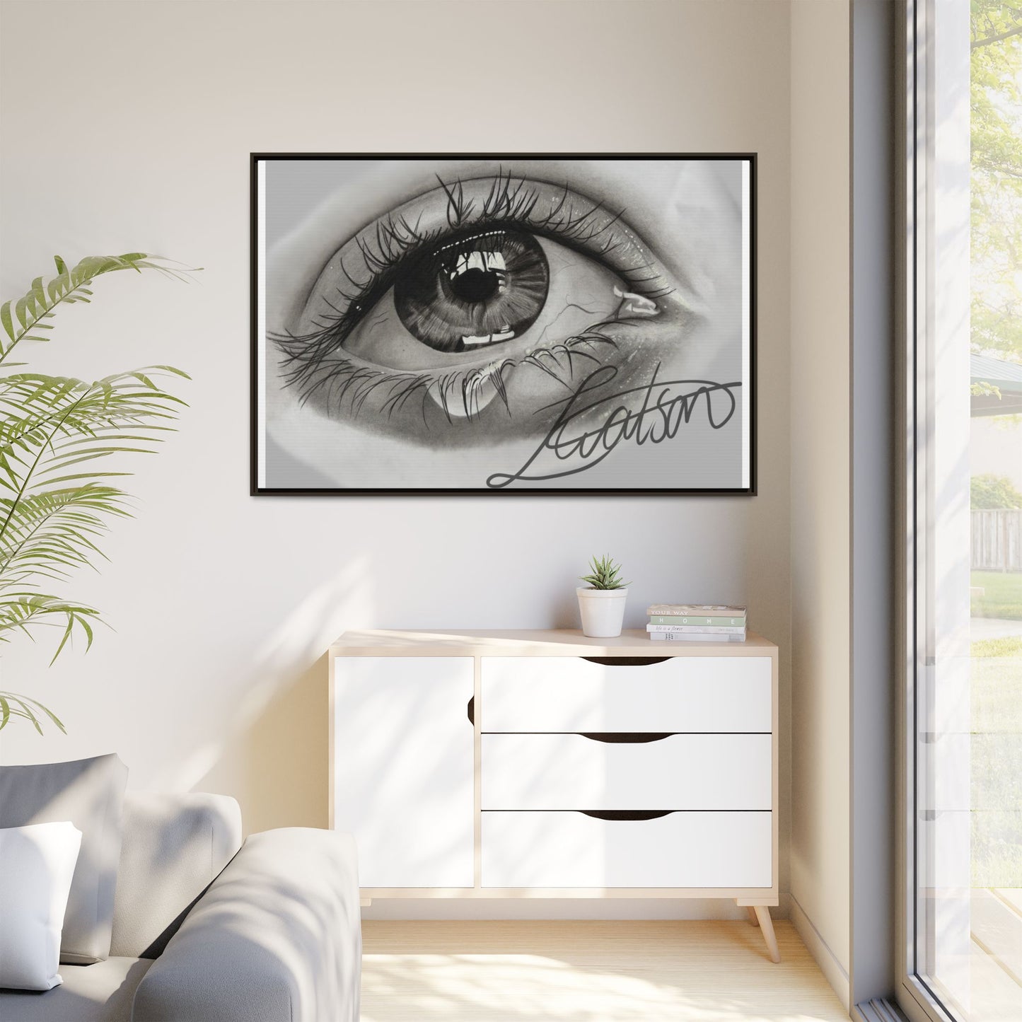 Gerahmte Leinwandkunst – Realistisches Auge mit tränenförmiger Signatur